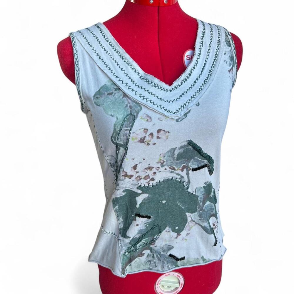 Project Alabama Off White/Grey and Green Graphic Tank‎ Top